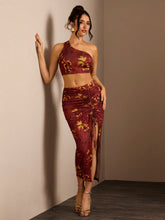 Glamine Women 2-Piece Outfit, Printed Minimalist Casual Daily Wear V-Neck Sleeveless Top & High-Slit Fitted Skirt